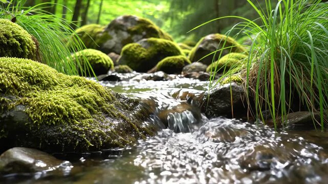 Flowing stream over mossy rocks in lush green forest