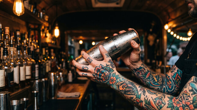 Bartender with tattooed arms shaking cocktail shaker in bar