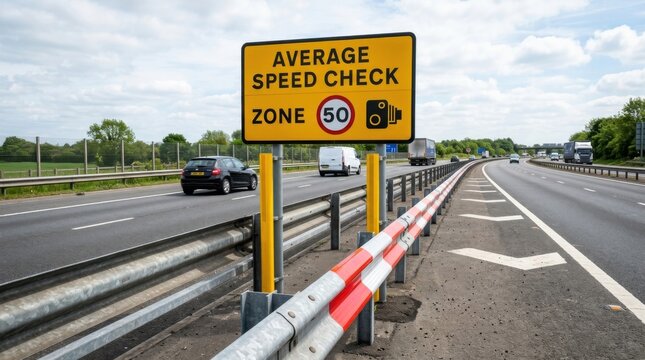 Highway Average Speed Check Zone Signage With Traffic Flow In The Background
