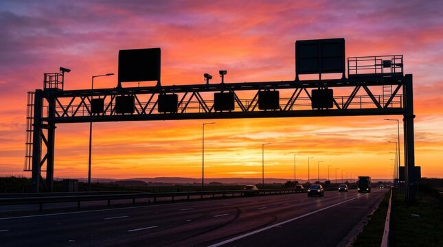 Highway Gantry Silhouette Against A Vibrant Sunrise Sky Backdrop