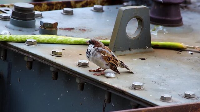 House sparrow on electrical transformer highlighting wildlife alongside power infrastructure. Ideal for biodiversity, urban ecology, energy and conservation projects.