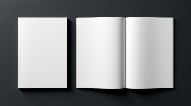 Blank magazine and book mockup on dark background with open pages spread and closed front cover shown from above. High quality paper texture for publishing and catalog design presentation.