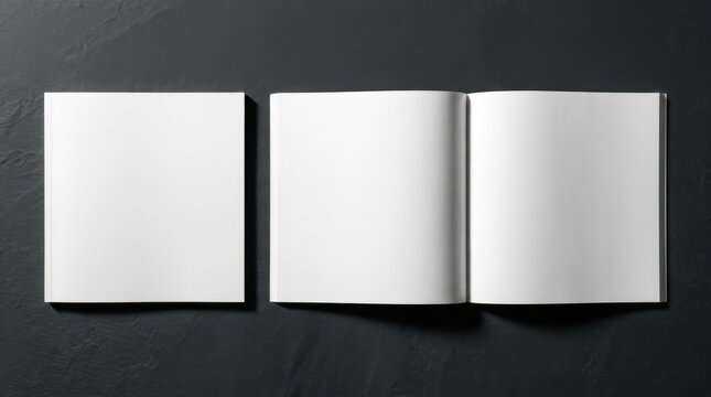 Square blank brochure mockup on dark textured background showing a closed cover and open spread with white pages for corporate catalog or portfolio presentation in a flat lay view.