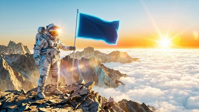 Astronaut standing with glowing flag on mountain peak above clouds at sunrise, representing exploration and achievement.