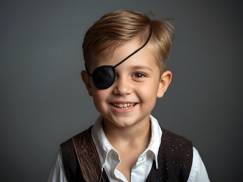 Smiling boy in pirate eye patch and vest posing for playful studio portrait