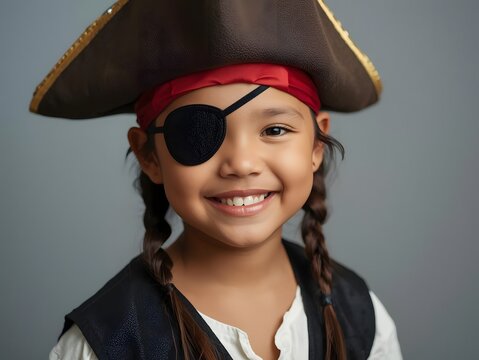 Smiling child in pirate costume with eye patch and tricorn hat posing cheerfully in studio