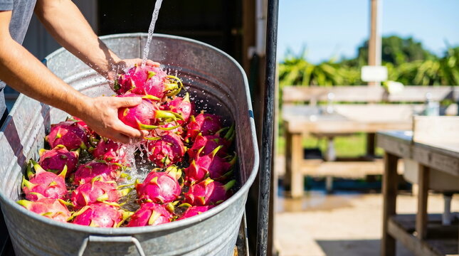 Dragon fruit washing freshly picked fruit in metal tub at outdoor farm for fresh produce and healthy eating.