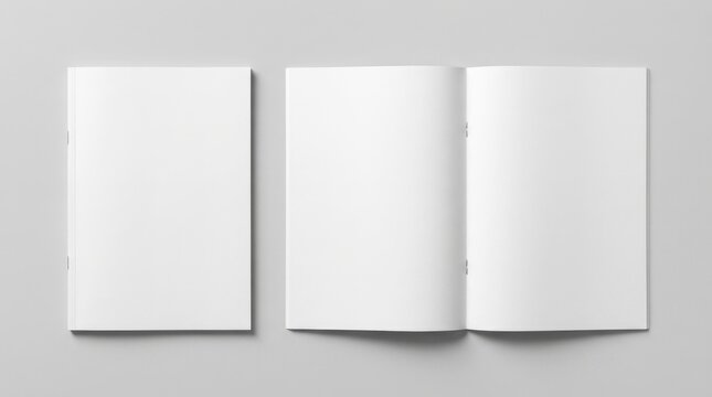 Top-down view of blank white magazine or brochure mockups featuring a closed front cover and open inside spreads with saddle-stitched binding on a clean light gray studio background surface.