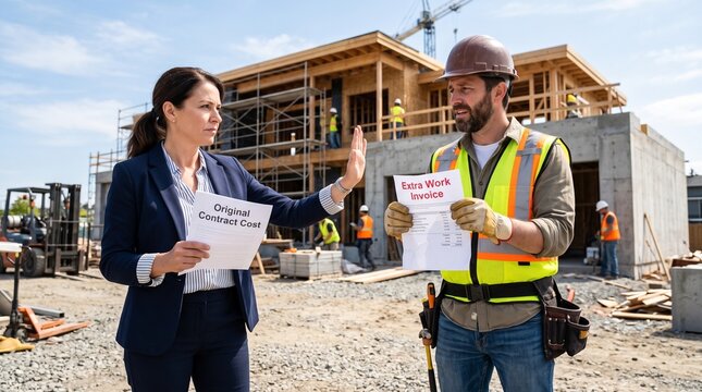 Client rejecting extra work invoice at house construction site