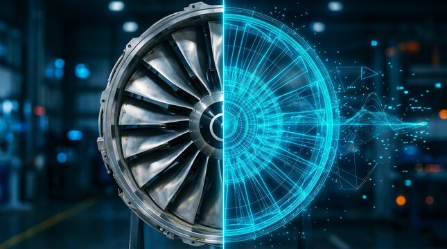 Jet engine turbine half with digital wireframe overlay, industrial setting, advanced engineering and data integration concept.