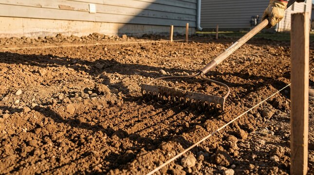 Backyard preparation using gardening rake on tilled earth near house, creating new garden or patio base.