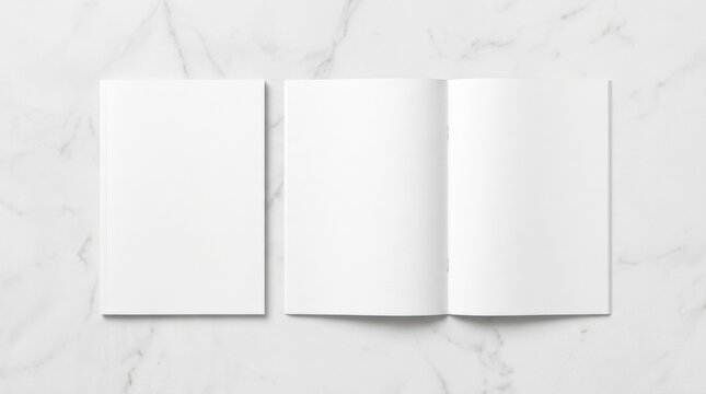 Blank white magazine mockup on a white marble background featuring a closed front cover and an open spread centerfold for editorial branding, print layout, and portfolio presentation.