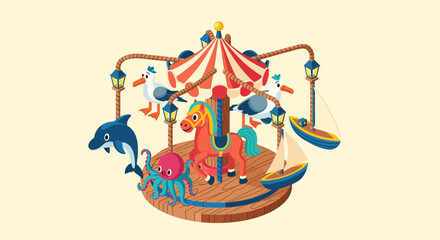 Naklejka premium Whimsical carousel ride with animals and boats on a bright background