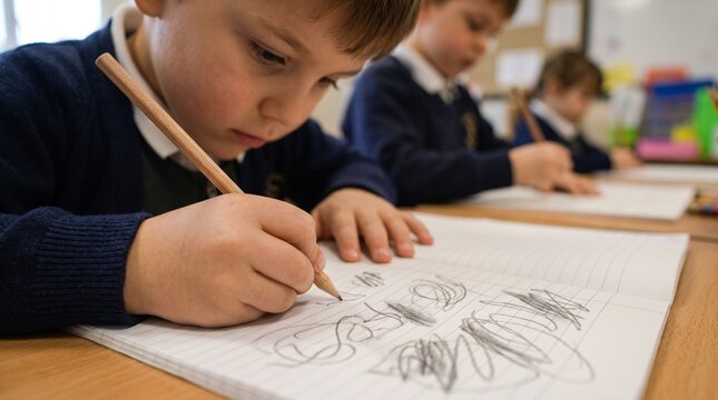Young school children in uniform diligently drawing and writing in notebooks during a classroom lesson