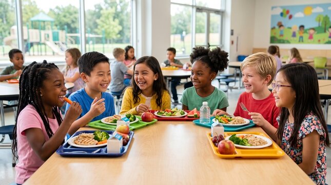 Diverse group of happy elementary school children enjoying lunch together at school cafeteria tables