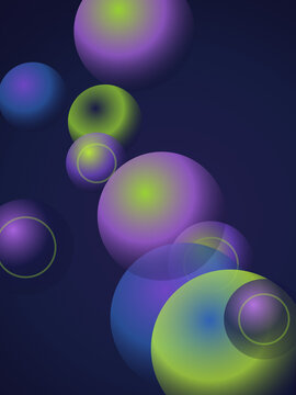 Colorful abstract spheres and rings with gradient hues floating against a dark background creating a futuristic design concept transparent background