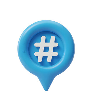 3d render of a blue map location pin icon with a white hashtag symbol isolated on transparent background