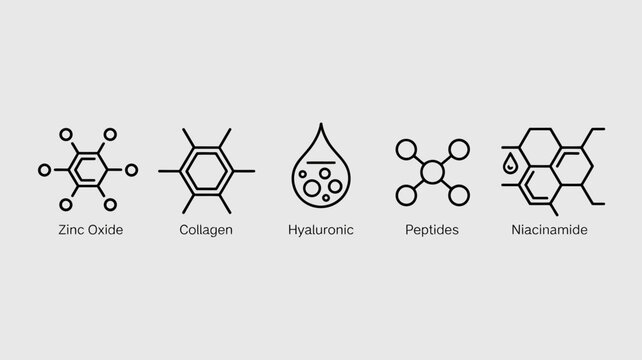 Chemical structure icons display five essential skincare ingredients including zinc oxide and collagen to represent cosmetic science and beauty industry research for professional dermatology.