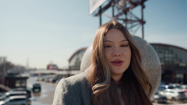 Pretty woman traveler storyteller in city plaza, sharing candid moment with soft smile and thoughtful gaze, coat collar up and hair lit by sun, intimate closeup with stone sphere and distant skyline,