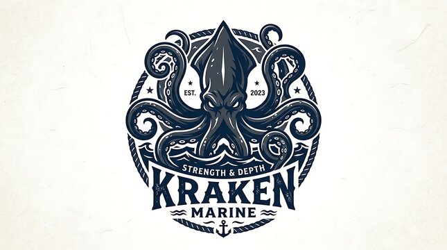 Nautical kraken marine logo design featuring octopus tentacle art in vintage vector style on white background