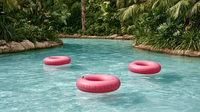 Colorful Pink Inner Tubes Floating in a Tropical Swimming Pool Surrounded by Lush Greenery and Palm Trees
