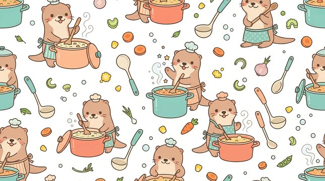 Adorable otters preparing meals in vibrant pots surrounded by fresh vegetables and cooking tools in a whimsical pattern