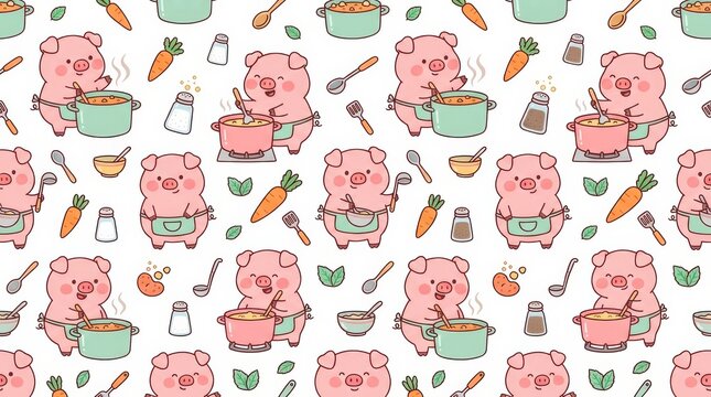Cute cartoon pigs cooking in a kitchen with vegetables and utensils on a whimsical pattern background