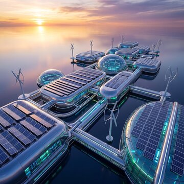 Futuristic floating eco city with solar panels and wind turbines futuristic floating sustainability renewable environment architecture turbines
