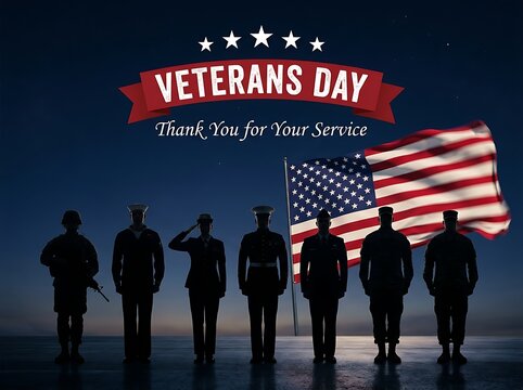 Honoring american veterans day with silhouetted soldiers and a waving american flag
