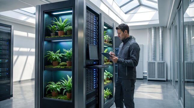 Technician monitoring server rack integration with indoor green plants technology technician sustainable datacenter computer integration