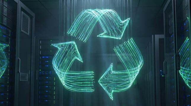Digital recycling symbol representing eco friendly tech sustainability with sustainability technology environment computing innovation datacenter