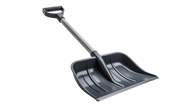 Compact snow shovel with curved plastic blade, white background
