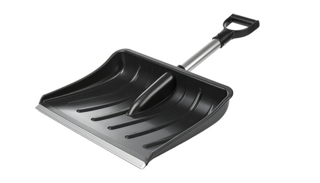 Snow shovel with wide black blade, isolated on transparent background