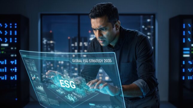 3D Digital Illustration of Male Financial Analyst Examining Global ESG Strategy 2035 on Holographic Screen in Data Center for Corporate Sustainability Reporting