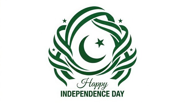 Decorative green calligraphy design celebrating pakistan independence day with a crescent moon and star symbol on a white background