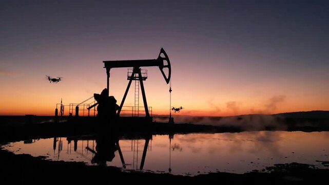Oil pump jack silhouette at sunset over a reflective water surface.