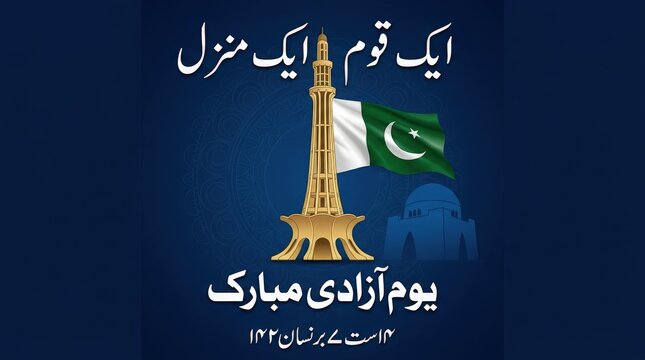 Minar e pakistan monument with national flag celebrating independence day of pakistan on fourteenth august with urdu calligraphy text design