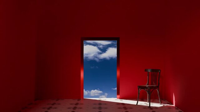 Surreal footage of a minimalist red interior with a wooden chair and an open doorway featuring passing clouds in a bright blue sky.