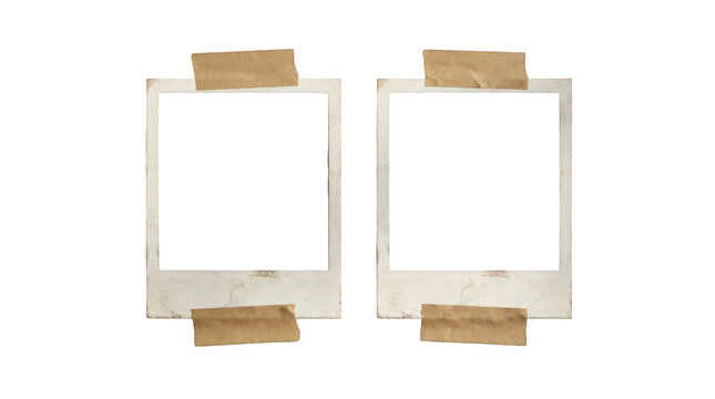 Vintage instant photo frames with adhesive tape, blank retro polaroid style picture mockups, nostalgic paper borders for photography isolated on Transparent Background