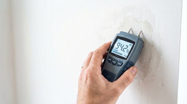 Hand holding digital moisture meter measuring dampness on wall