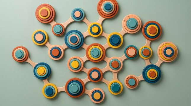 Abstract Geometric Network Composition Featuring Layered Multicolored Circular Wooden Shapes