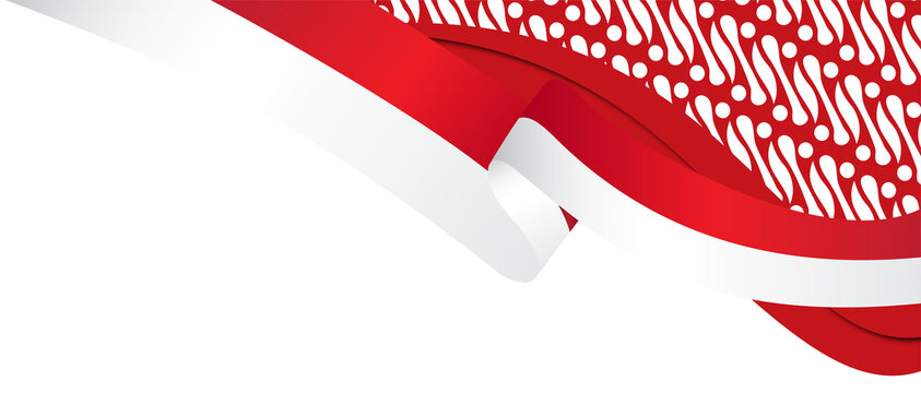 Indonesian Flag Colors Wavy Banner with Batik Pattern. Patriotic Design Background for Cultural Events & Commercial Use