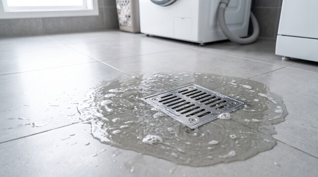 Clogged metal drain overflowing with water in tiled laundry room