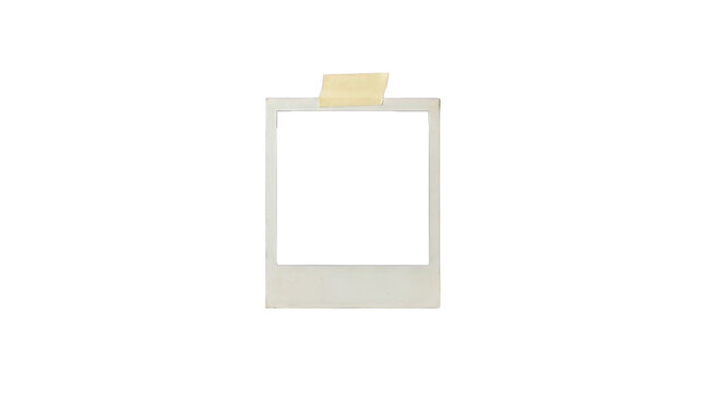 Vintage instant photo frame with adhesive tape, retro polaroid style border for scrapbooking, blank analog photography mockup isolated on Transparent Background