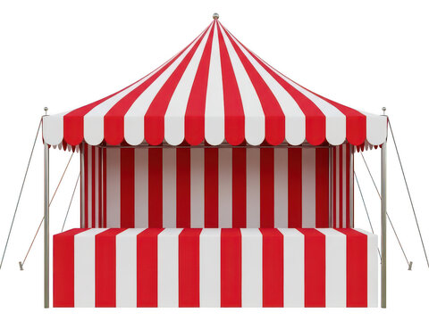 Vibrant circus tent standing against a plain background with red and white stripes