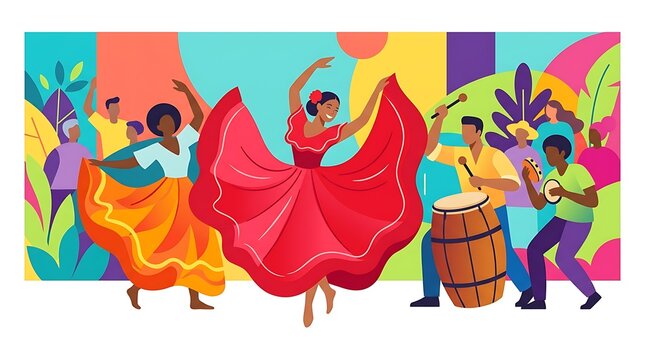 People dancing and playing drums at a colorful cultural festival