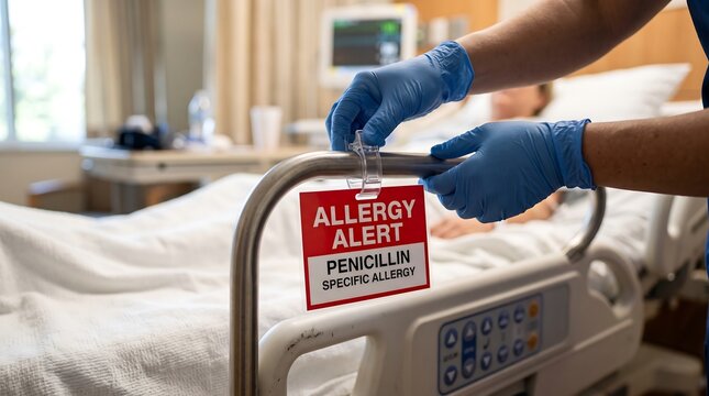 Nurse attaching a penicillin allergy alert sign to a hospital bed rail with a patient in the background.
