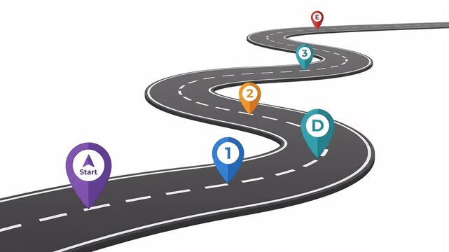 Winding road with numbered location markers and pins.