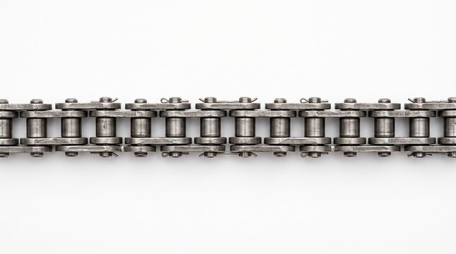 Close-up of silver metal roller chain links for machinery and industrial equipment parts
