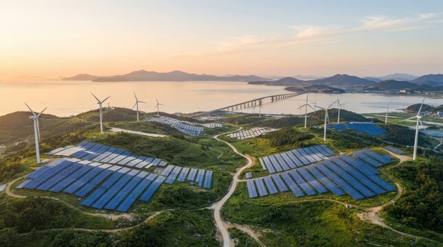 Aerial view of a solar farm and wind turbines on a coastal hillside